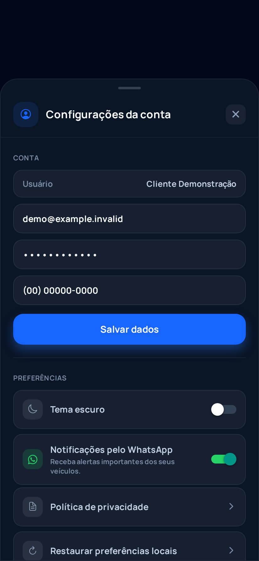 Tela Preferências do cliente da plataforma Helpcar