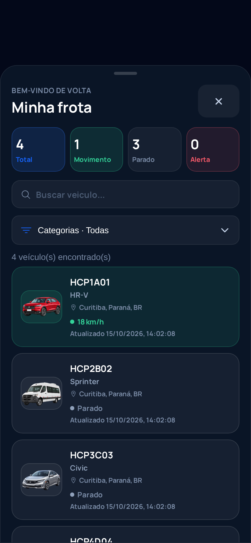 Tela Frota organizada da plataforma Helpcar