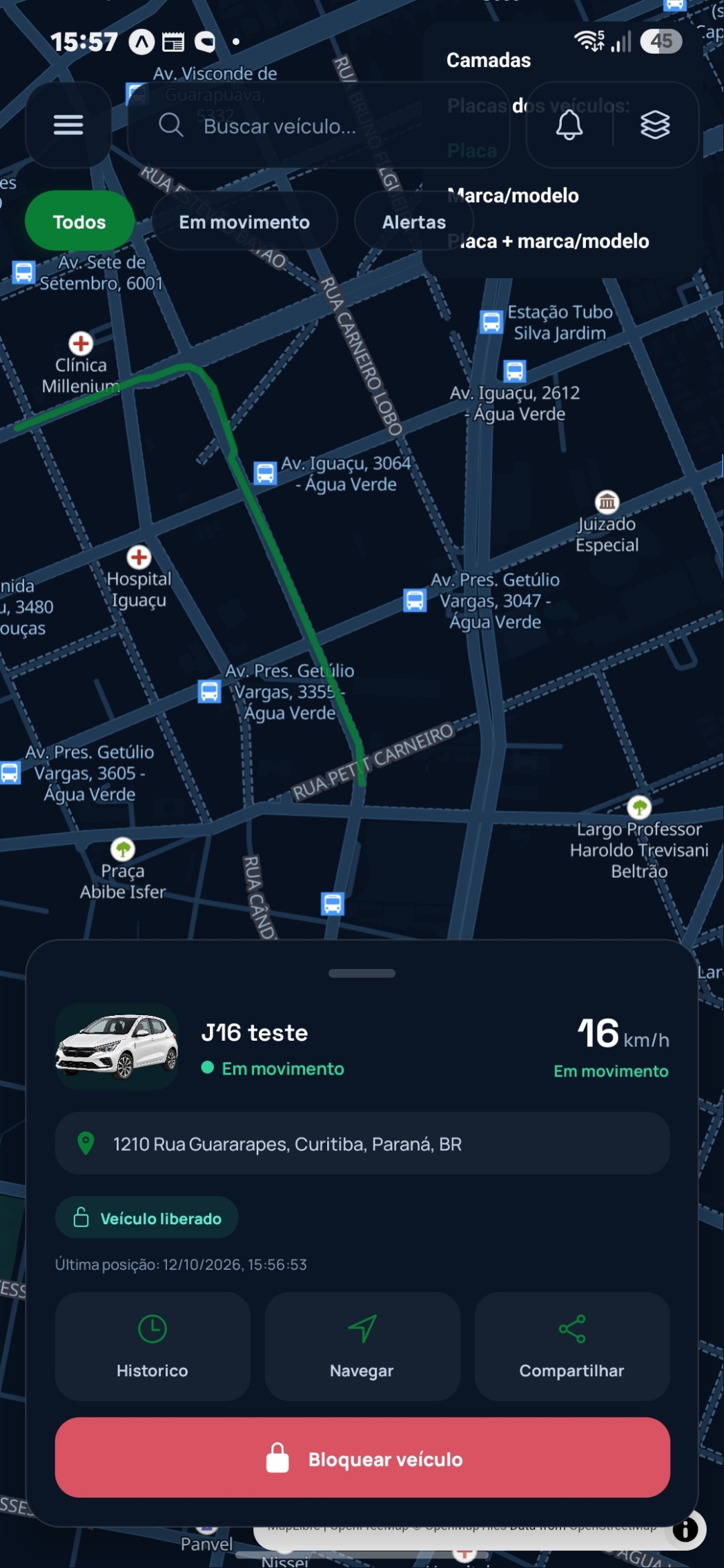 Aplicativo Helpcar com informações do veículo de teste