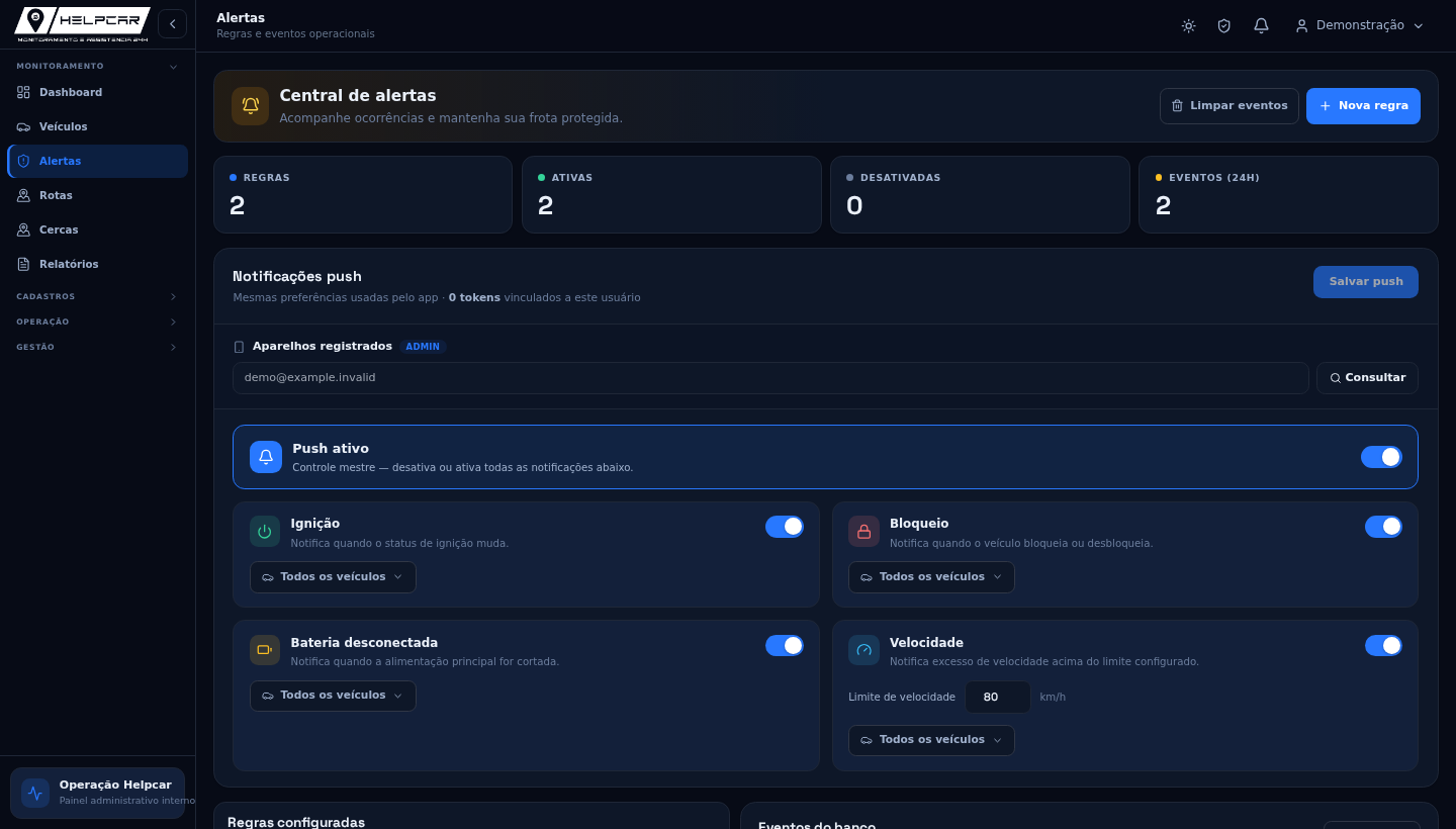 Tela Alertas e regras da plataforma Helpcar