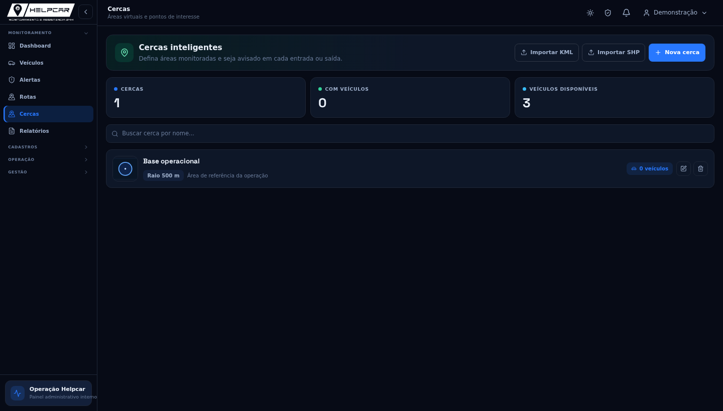 Tela Cercas virtuais da plataforma Helpcar