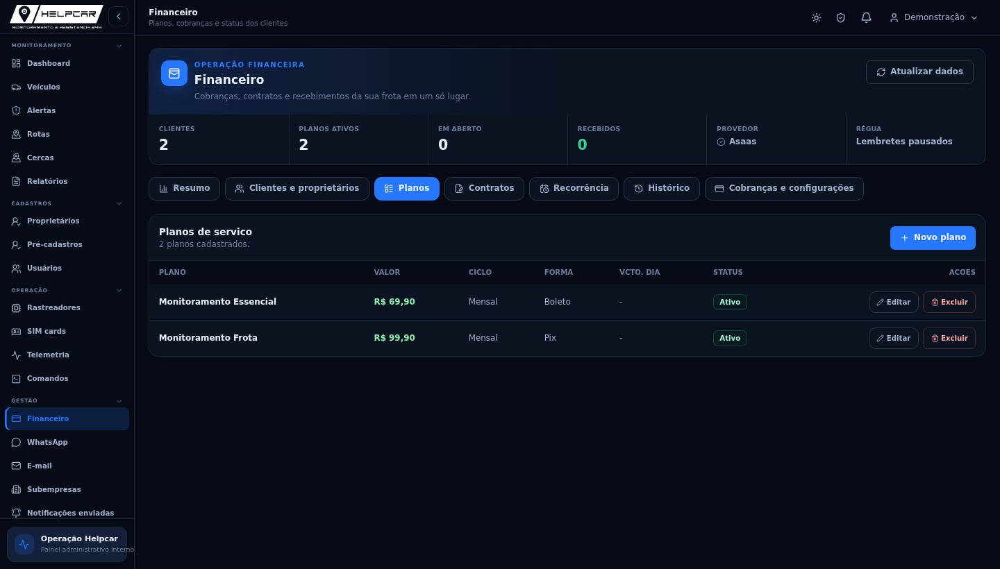 Tela Planos e contratos da plataforma Helpcar