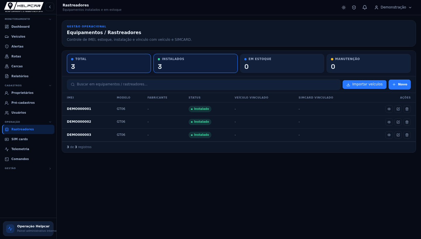 Tela Rastreadores da plataforma Helpcar