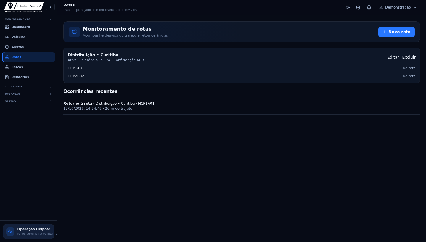 Tela Monitoramento de rotas da plataforma Helpcar
