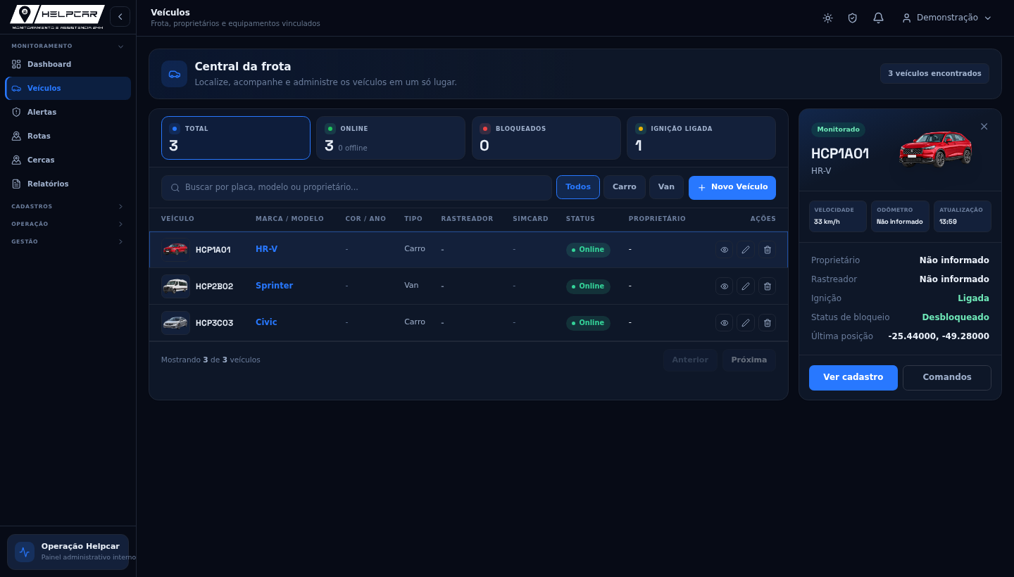 Tela Central da frota da plataforma Helpcar